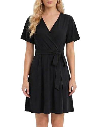 Aphratti Women's Summer Faux Wrap Dress V Neck Short Sleeve High Waist Fit and Flare Casual Swing A Line Sundress Black Medium - Image 1
