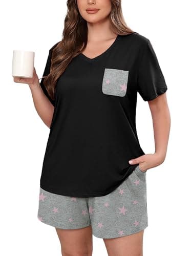 AusLook Plus Size Pajama Set for Women 2 Piece V Neck Short Sleeve Loungewear 3X Set with Pajama Printed Shorts Summer Sleepwear Loose Fit 1X-5X - Image 1