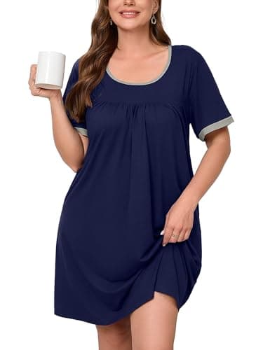 AusLook Plus Size Women's Nightgown 5X Navy Blue Short Sleeve Sleep Dress Sleepwear Soft Sleepshirts Pleated Scoopneck Nightshirt Sleep shirts with Pockets - Image 1
