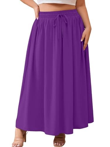 AusLook Plus Size Maxi Skirt for Women High Waisted Elastic Waist Flowy A Line Long Purple 1X Skirt with Pockets Casual Summer Beach Vacation - Image 1