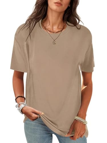 UNCLECAT Women's Short Sleeve T Shirts Summer Crewneck Soft Tunic Tops Summer Oversized Tees Khaki - Image 1