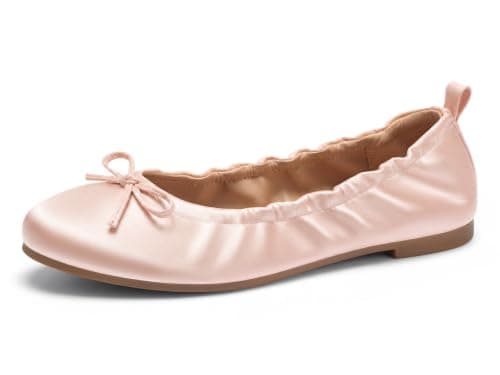Coutgo Women's Ballet Flats, Bow Round Toe Slip On Dress Shoes Comfortable Flats for Work Casual, Nude Pink Satin, Size 9.5 - Image 1