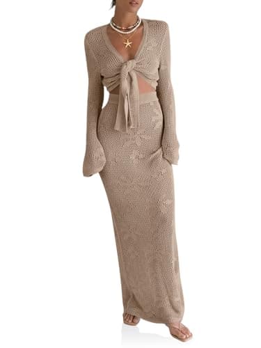 Beloyoni Womens Summer Beach Swimwear Bathing Suit Cover Up Swimsuit Coverup 2 Piece Crochet Cardifan Tops+Long Skirt Sets Khaki L - Image 1