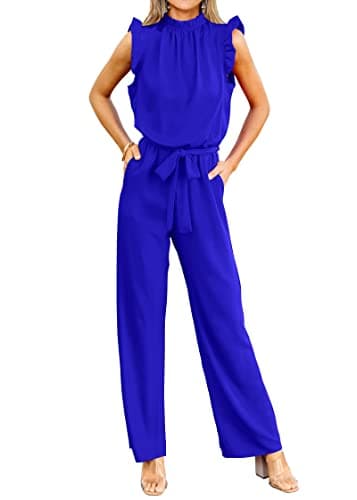 KIRUNDO Jumpsuits For Women Dressy Summer One Piece Sleeveless Ruffle Mock Neck Belt Pockets Formal Wide Leg Pants Romper(Royal Blue, Large) - Image 1