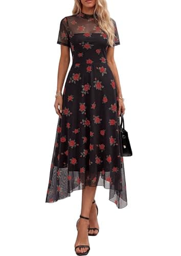 PRETTYGARDEN Cocktail Dresses for Women 2026 Summer Short Sleeve Floral Mesh Sheer Midi Party Wedding Guest Dress (Floral Black Red,X-Large) - Image 1