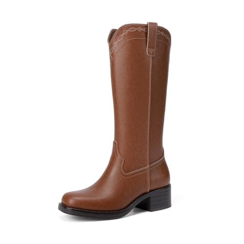 DREAM PAIRS Women's Modern Knee High Boots with Vintage Western Stitching Comfortable and Versatile Tall Boots,Size 10,Light Brown,SDKB26015W - Image 1