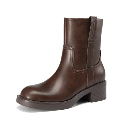 Athlefit Ankle Boots for Women Low Heel Square Toe Chunky Block Heel Fashion Short Boots with Side Zipper Dark Brown Size 6 - Image 1