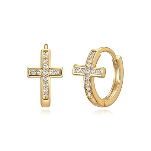 LOYATA Gold Cross Earrings for Women-14K Gold Plated Small Hoop Huggie Earrings Dainty Trendy CZ Cross Hoop Earring Cute Hypoallergenic Hoops Jewelry Gifts for Women Mothers Day Gifts for Mom - Image 1