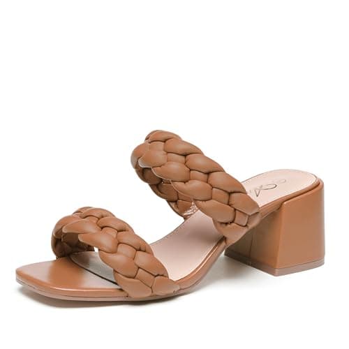 Athlefit Women's Braided Heel Sandals Square Open Toe Woven Chunky Block Low Heeled Tan Size 11 - Image 1