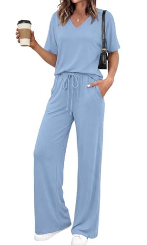 BTFBM Womens 2 Piece Outfits Casual Short Sleeve Lounge Set Summer Fashion 2026 Tracksuits Matching Sets Travel Clothes(Light Blue, Large) - Image 1