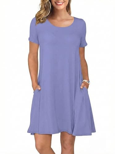 KORSIS Summer Dresses for Women Purple Gray Small Casual T Shirt Dress Short Sleeve Swing Flowy Ladies Beach Vacation Sundress with Pockets - Image 1