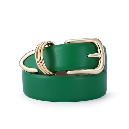 RISANTRY Women's Leather Green Belts with Gold Buckle Leather Woven belt Ladies Belts for Jeans Gifts for Women - Image 1