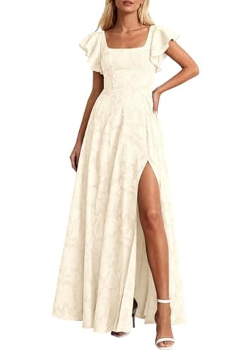 KIRUNDO Cocktail Dresses for Women Elegant Wedding Guest Summer Formal Maxi Lace Floral Slit Prom Party Bridesmaid Dress (Beige, Medium) - Image 1