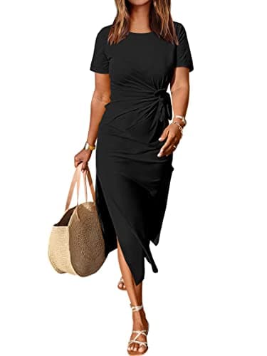 ANRABESS Women's 2025 Summer Maxi Tshirt Dress Short Sleeve Crewneck Tie Waist Casual Slim Fit Slit Spring Long Beach Dresses Black Medium - Image 1