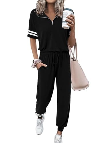MASCOMODA Womens Two Piece Outfits 2026 Summer Short Sleeve Quarter Zip Pullover Tops Jogging Pants Tracksuit Loungewear Set(Black,Small) - Image 1