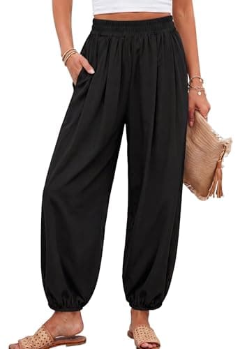 PRETTYGARDEN Womens 2026 Summer Casual Pants High Waisted Loose Wide Leg Palazzo Pockets Lounge Beach Travel Trousers Outfits (Black,Medium) - Image 1