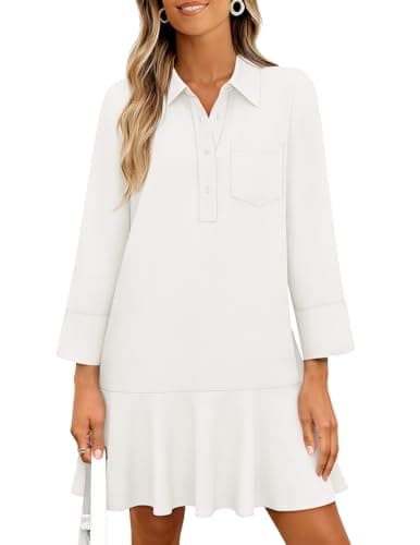 MEROKEETY Women's 2025 Fall 3/4 Sleeve Shirt Dress Casual Button Down Shift Pleated Midi Dresses with Pockets, White, Large - Image 1