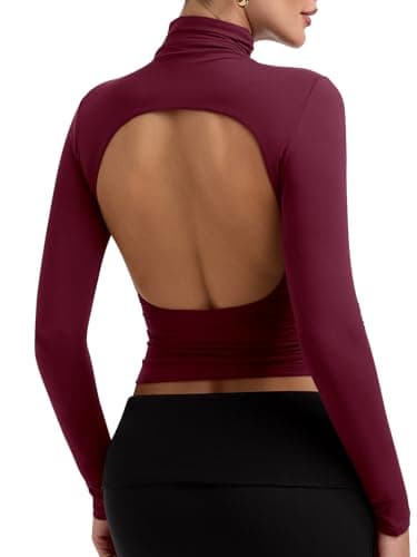 PINKMSTYLE Backless Long Sleeve Turtleneck Top Womens Double Lined Ruched Tops Country Concert Rave Outfits Burgundy X-Small - Image 1