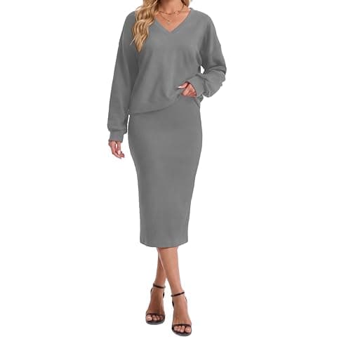 Anyshe Women's 2 Piece Matching Knit Sweater Set, Long Sleeve V-Neck Top with Maxi Skirt, Effortless Style for Vacation - Image 1