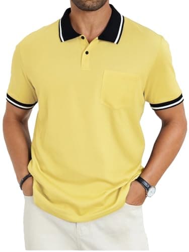 LuxMania Men's Casual Short Sleeve Polo Shirts Classic Button Summer Collared Cotton Golf Top with Pocket Light Yellow M - Image 1