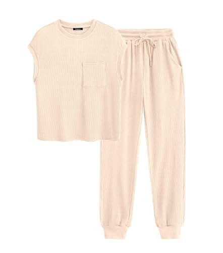 BTFBM Women's Two Piece Tracksuit Outfits Summer Short Sleeve Tops Long Pants Jogger Lounge Matching Sets Sweatsuit(Apricot,Small) - Image 1