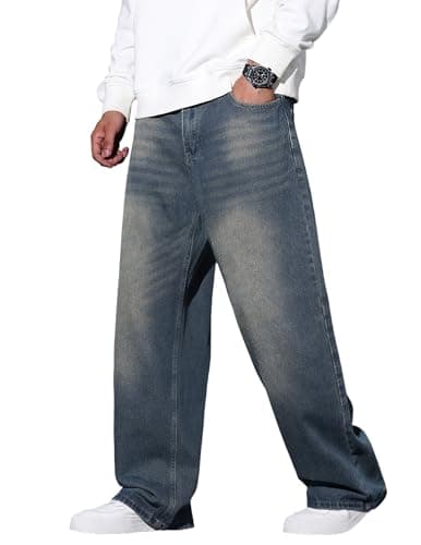 QGRSWBC Baggy Jeans Men Wide Leg Hip Hop Jeans Mid Rise Denim Pants Loose Fit Skater Trousers Haze Blue XS - Image 1
