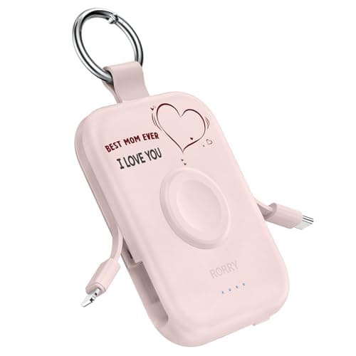 RORRY CharmGo Portable Charger, 5000mAh Portable Charger Power Bank with Built-in Cables, Travel Keychain Battery Pack for Apple Watch and iPhone Air/17/16/15/14/13/12, Mom-Pink