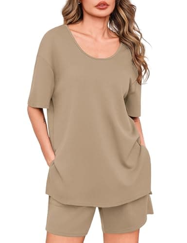 Totatuit Women's Short Set 2 Piece Summer Outfits Oversized U Neck T-Shirt Shorts Set with Pockets Casual Loose Lounge Sets for Airport Travel Khaki Medium