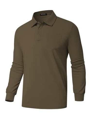 Promen polo Men's Classic Long Sleeve Polo Shirts Casual Lightweight Solid Golf Shirts with Pocket Army Green 3XL