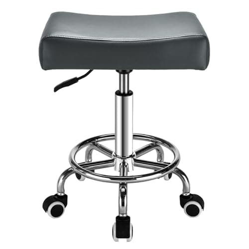 Mineloff Square Salon Rolling Stool - 300lbs Weight Capacity,Adjustable Swivel Stool with Wheel,Pu Leahter Comfortable Cutting Stools for Salon Tattoo Stylist Massage Perfect for Work SPA (Grey) - Image 1