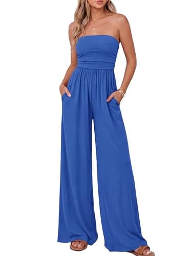 BTFBM Jumpsuits For Women Summer 2026 Beach Vacation Strapless Tube Top Jumpsuit Ruched Casual Wide Leg Pant Rompers(Blue, Small) - Image 1
