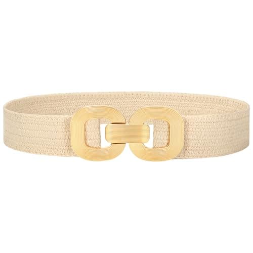 WHIPPY Straw Woven Elastic Belt for Women Boho Stretch Waistband with Gold Buckle Braid Belts for Dress, Beige, M - Image 1