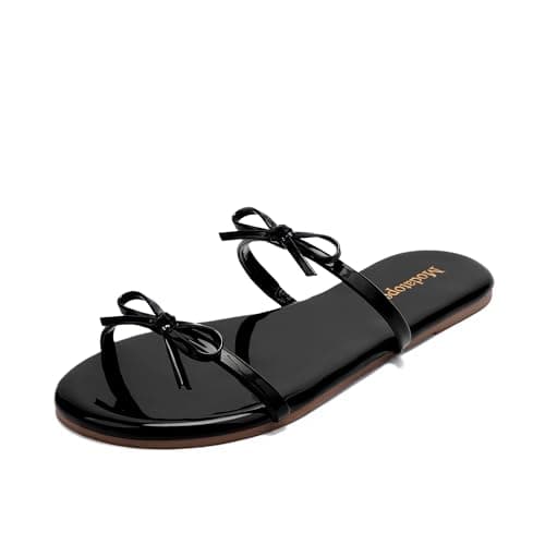 Modatope PatBlack Flat Sandals for Women 2026 Strappy Bow PU Sandal Non-Slip Open Toe Slides Cute Casual Summer Sandals for Beach Party & Daily Wear Size 6 - Image 1