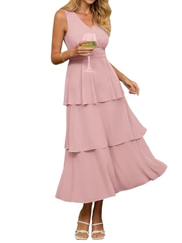 BerryGo Womens Summer Sleeveless Maxi Dress Chiffon Flowy V Neck Casual Ruffle Tiered Boho Wedding Guest Beach Long Sundress Grey Pink S - Image 1