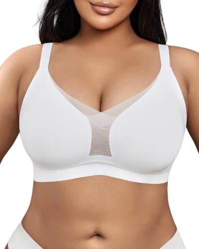 LIIJOO Women's Wireless Full Coverage T-Shirt Bra, Seamless Support Lift, Wide Adjustable Straps, Breathable Mesh V-Neckline, Smooth Cups, 3-Hook Back Closure, Everyday Comfort(Ivory, 2XL Size) - Image 1