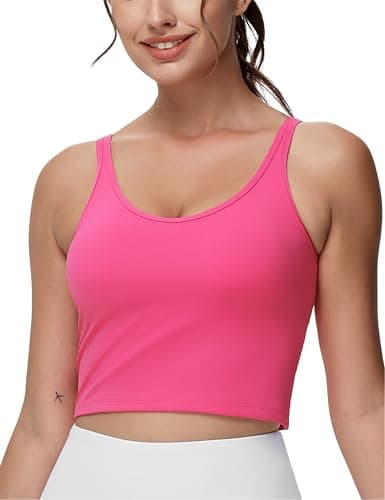 THE GYM PEOPLE Women's Longline Sports Bra Removable Padded Wireless Workout Yoga Tank Tops Bright Pink - Image 1