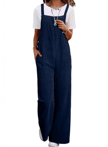 Happy Sailed Overalls for Women Winter Fall Corduroy Sleeveless Jumpsuits Casual Loose Wide Leg Pants Rompers with Pockets Navy Blue Small - Image 1