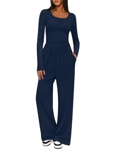 MEROKEETY Women's 2025 Fall Two Piece Airport Outfits Lounge Sets Henley Shirts Wide Leg Pants Matching Sets, DarkBlue, Small - Image 1