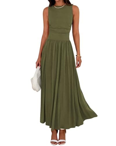 BTFBM Summer Maxi Dresses for Women 2026 Spring Sleeveless Casual Ruched High Waisted Long Sundress Flowy Beach Dress(Army Green, Medium) - Image 1