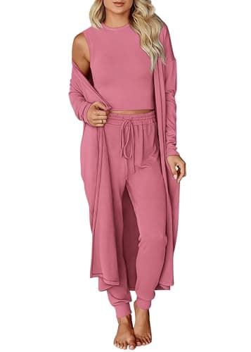 KIRUNDO 3 Piece Lounge Sets for Women Airport Travel Vacation Outfits 2026 Fall Cardigan Matching Sleeveless Top Jogger Pants(Dusty Pink, XX-Large) - Image 1