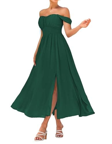 GRACE KARIN Summer Dark Green Dress for Women 2026,Off the Shoulder Smocked Bridesmaid Dresses,Formal Baby Shower Maxi Dresses L - Image 1