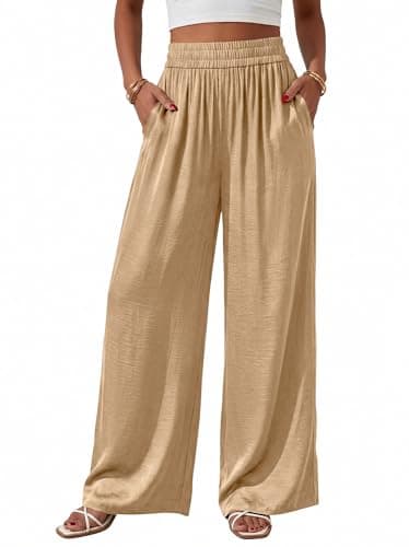 BTFBM Wide Leg Pants Woman Summer 2026 Pockets Dressy Flowy Lightweight Glitter Satin Palazzo Beach Vacation Clothes(Khaki, Large) - Image 1