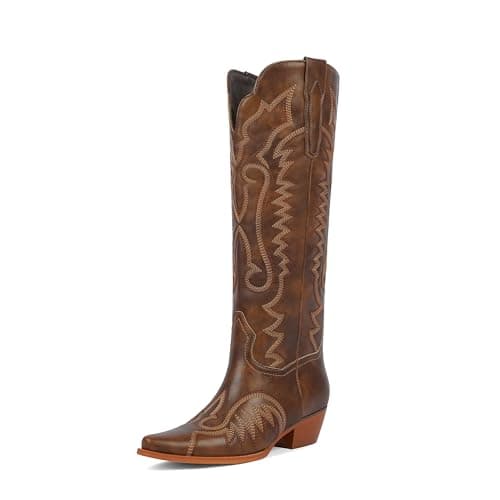 Easyfox Cowboy Boots for Women Knee High Brown Cowgirl Boots Square Toe Low Chunky Heel Embroidery Tall Western Boots for Women Size 7 - Image 1