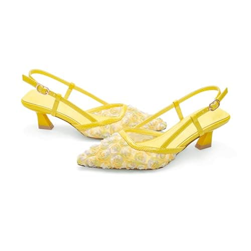RUSAUISE Women's Close Toe Slingback Floral Kitten Heels Sandals Pointed Toe Mesh Low Heeled Buckle Strap Flowers Dressy Pump Shoes for Wedding Party Yellow Size 6 - Image 1