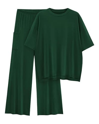 KIRUNDO 2 Piece Lounge Sets for Women Airport Travel Vacation Outfits Summer Casual Loose Short Sleeve Tops & Wide Leg Pants(Dark Green, Small) - Image 1