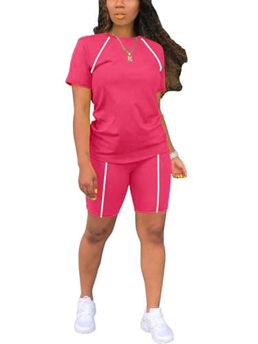 STOLKISS Women's 2 Piece Casual Fashion Sports Solid Color Suit short Sleeve top and Pants Set Seatshirts Rose Red M - Image 1