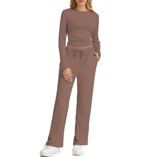 MAGICATELIER Women 2 Piece Long Sleeve Lounge Sets Matching Outfits Side Ruching Slim Fit Wide Leg Pants Pockets Casual Workout Sweatsuit - Image 1