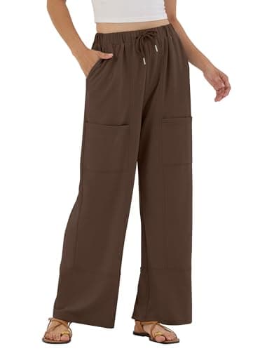 ZAFUL Womens Wide Leg Pants Loose Casual Elastic Waist Comfy Lounge Palazzo Sweat Pants with Cargo Pockets Brown M - Image 1