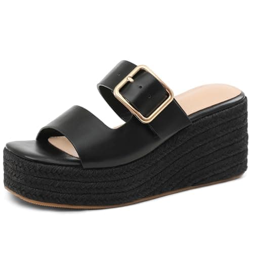 Tarkwa Platform Wedges Sandals for Women Summer Slip on Espadrille Flatform Slides Open Toe Adjustable Buckle Bohemia Beach Raffia Beach Sandals Black Size 11