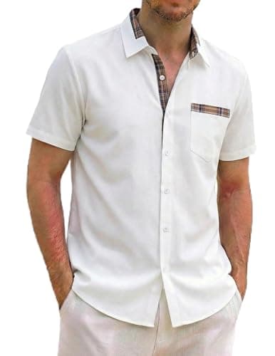 ZAFUL Casual Mens Short Sleeve Shirts Mens Business Casual Shirts Slim Fit Beach Outfits White XL - Image 1